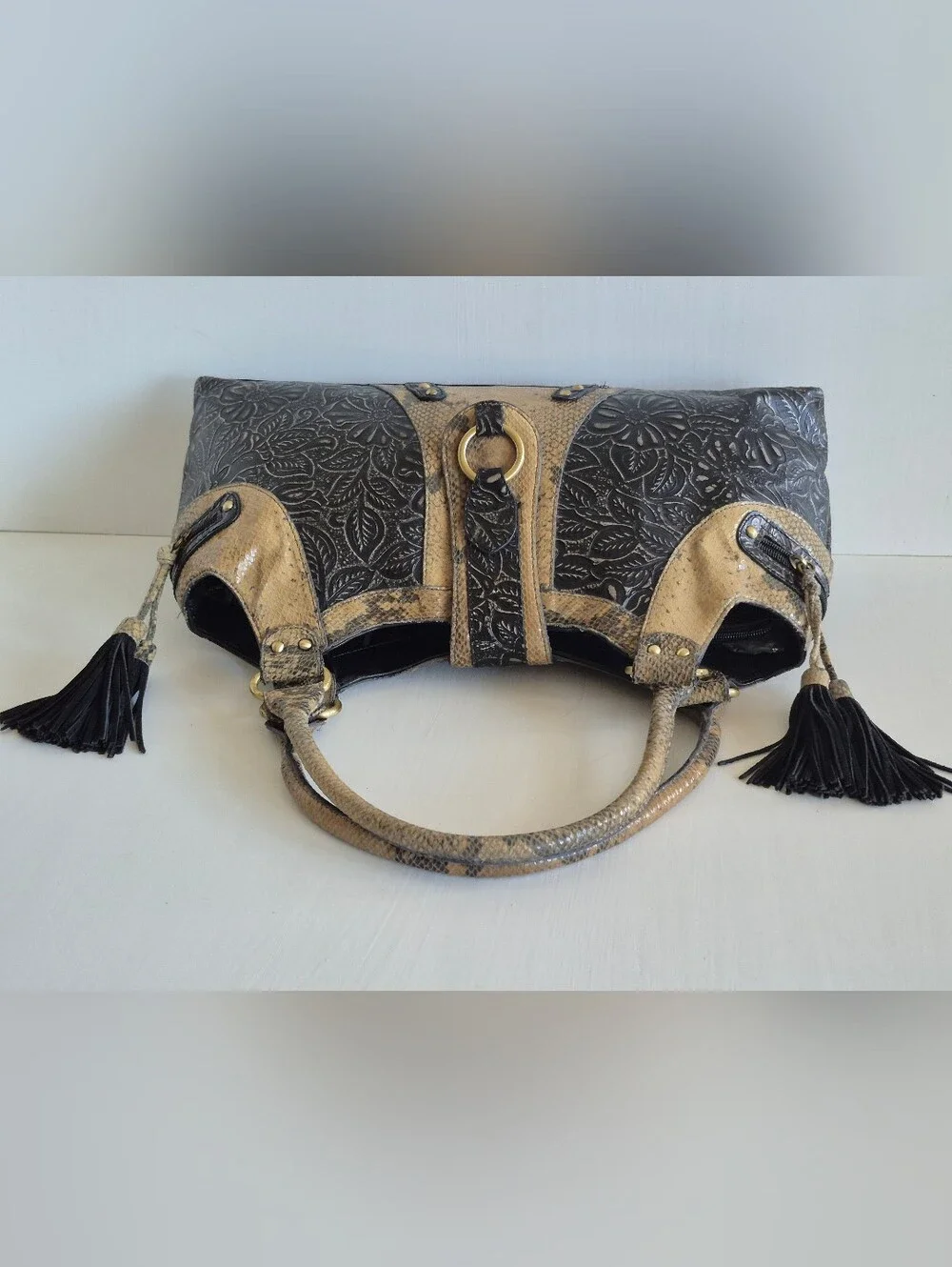 Original by Sharif 1827 Snakeskin Embossed Floral Design Large Hobo Shoulder Bag